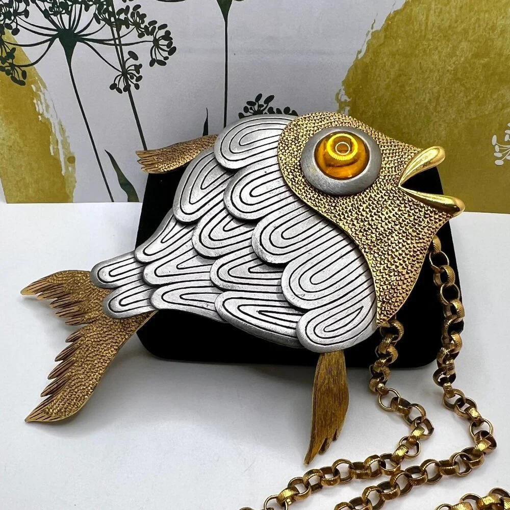 Two Tone Articulated Large Fish Necklace - Picture 3 of 6